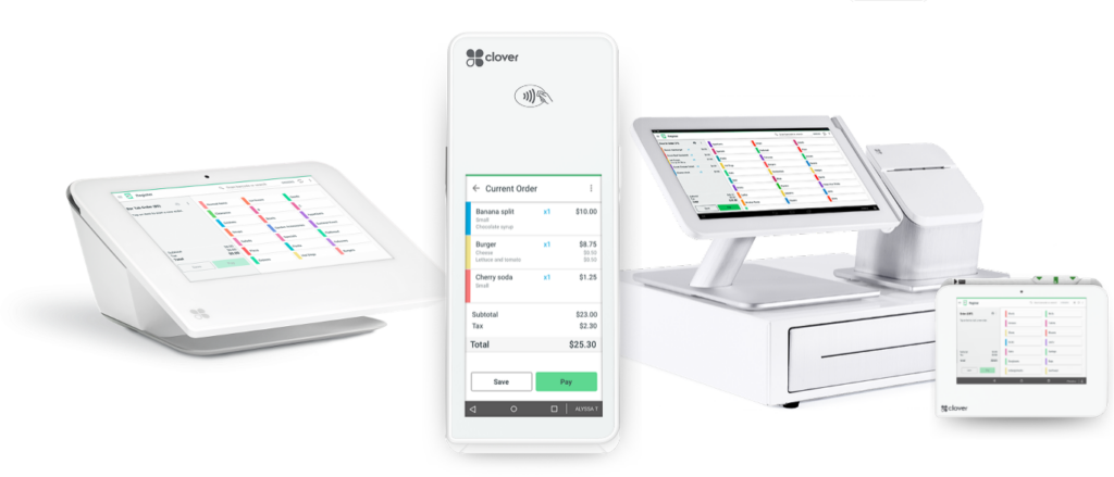 Clover Mini, Flex handheld, Station, and mobile interface — full POS family