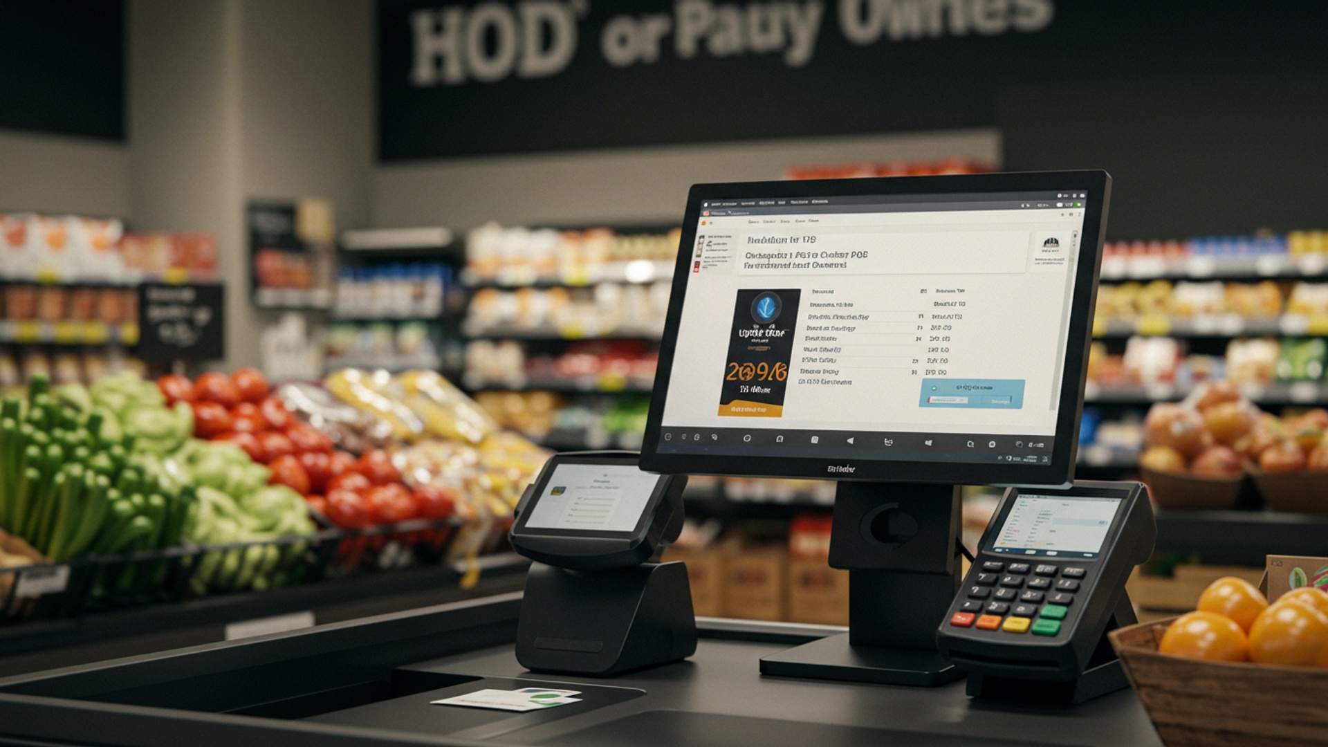 EBS POS station at a grocery store checkout — touchscreen register, customer display, and PIN pad set up for supermarkets and large markets