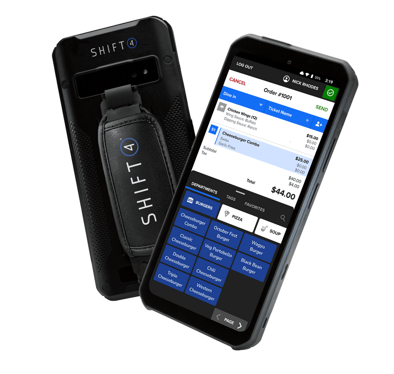 SkyTab handheld restaurant POS by Shift4 showing tableside ordering and payment